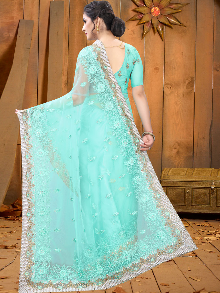 Sky Blue Net Embroidered Festival Saree