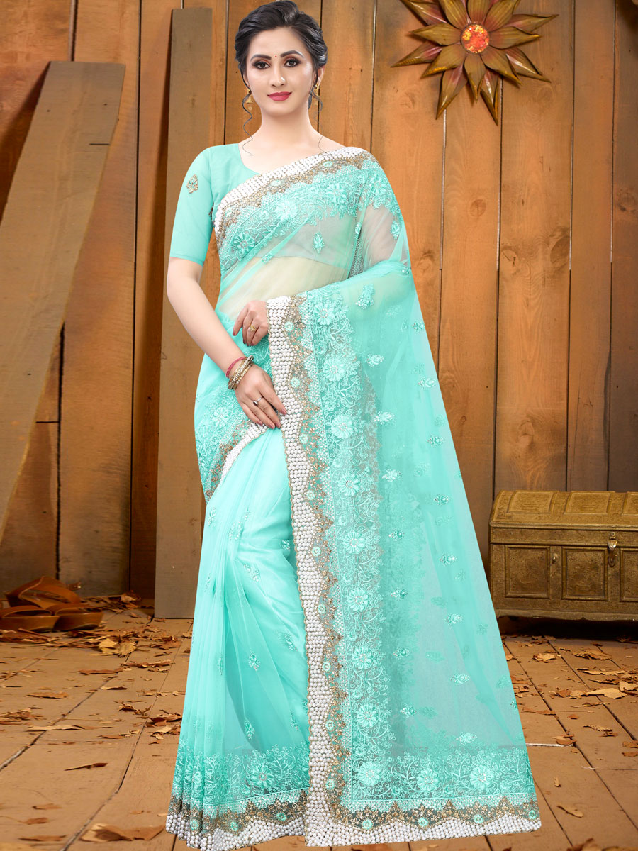 Sky Blue Net Embroidered Festival Saree