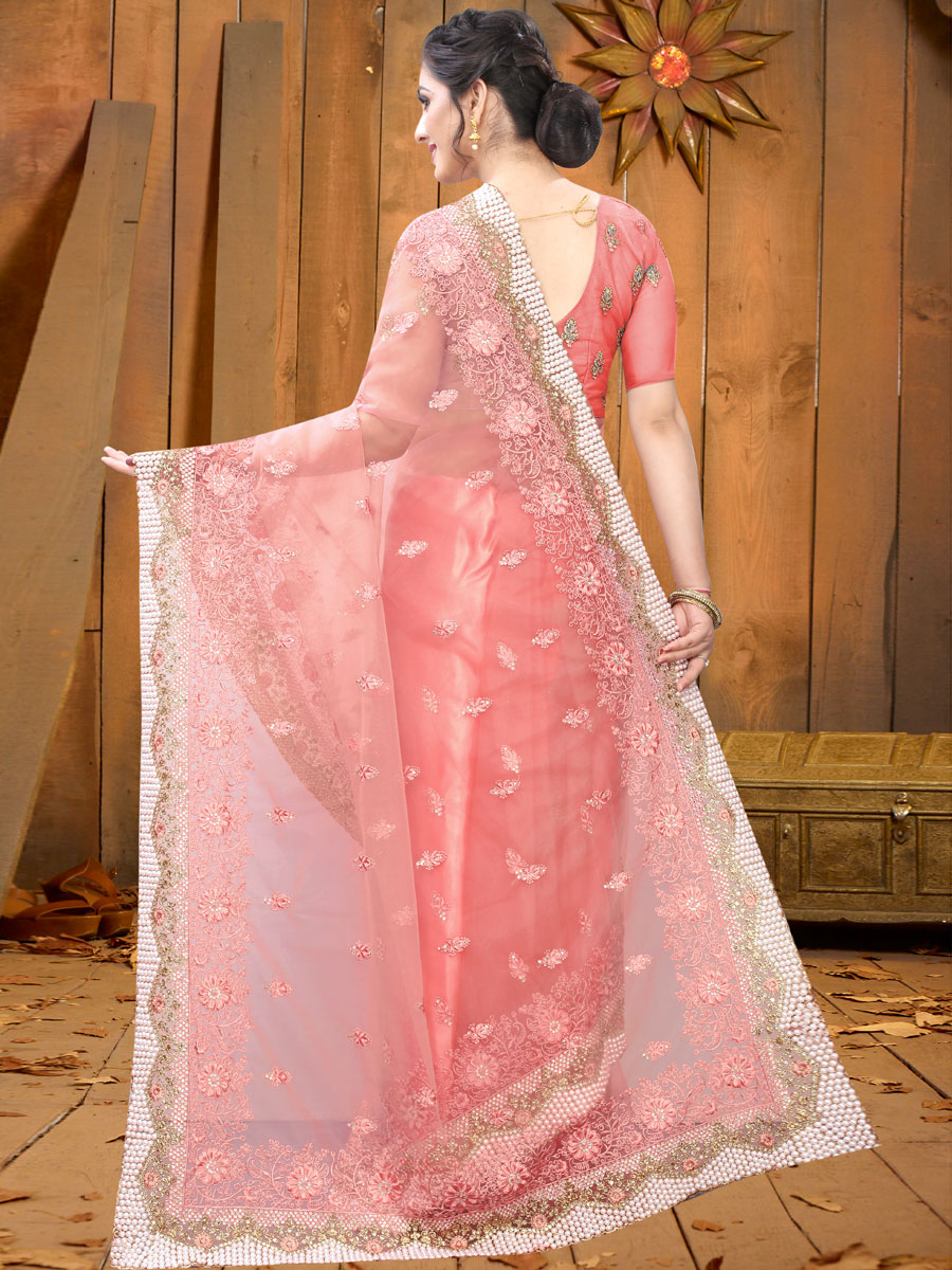 Light Pink Net Embroidered Festival Saree