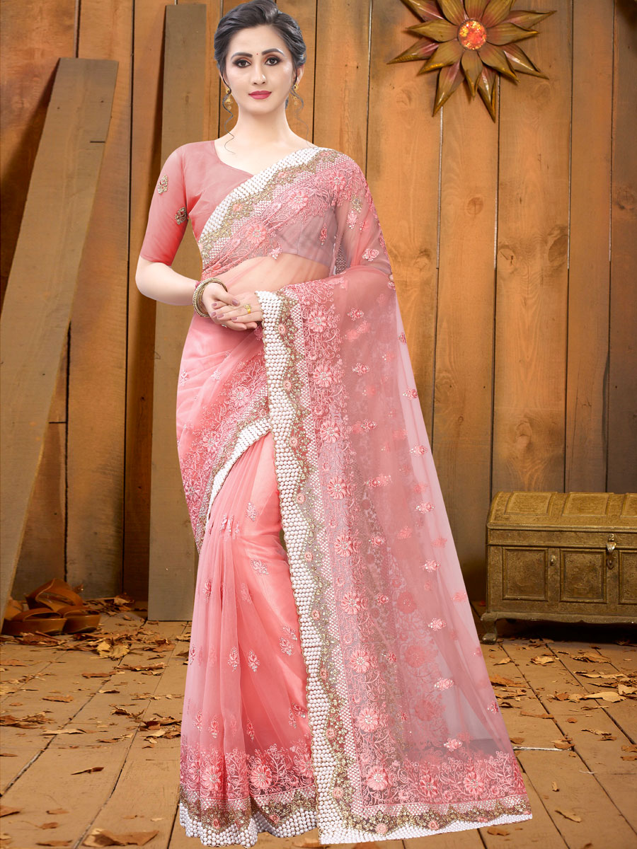 Light Pink Net Embroidered Festival Saree