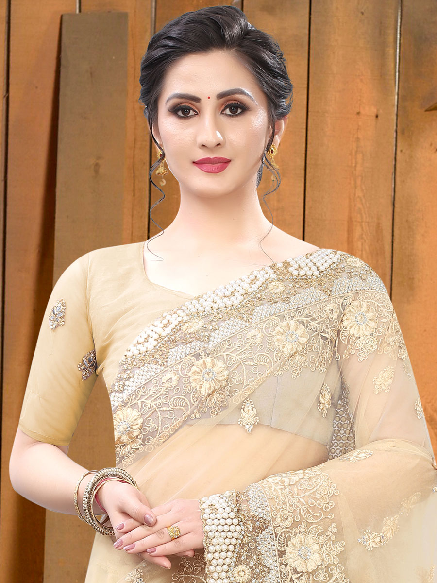 Beige Yellow Net Embroidered Festival Saree