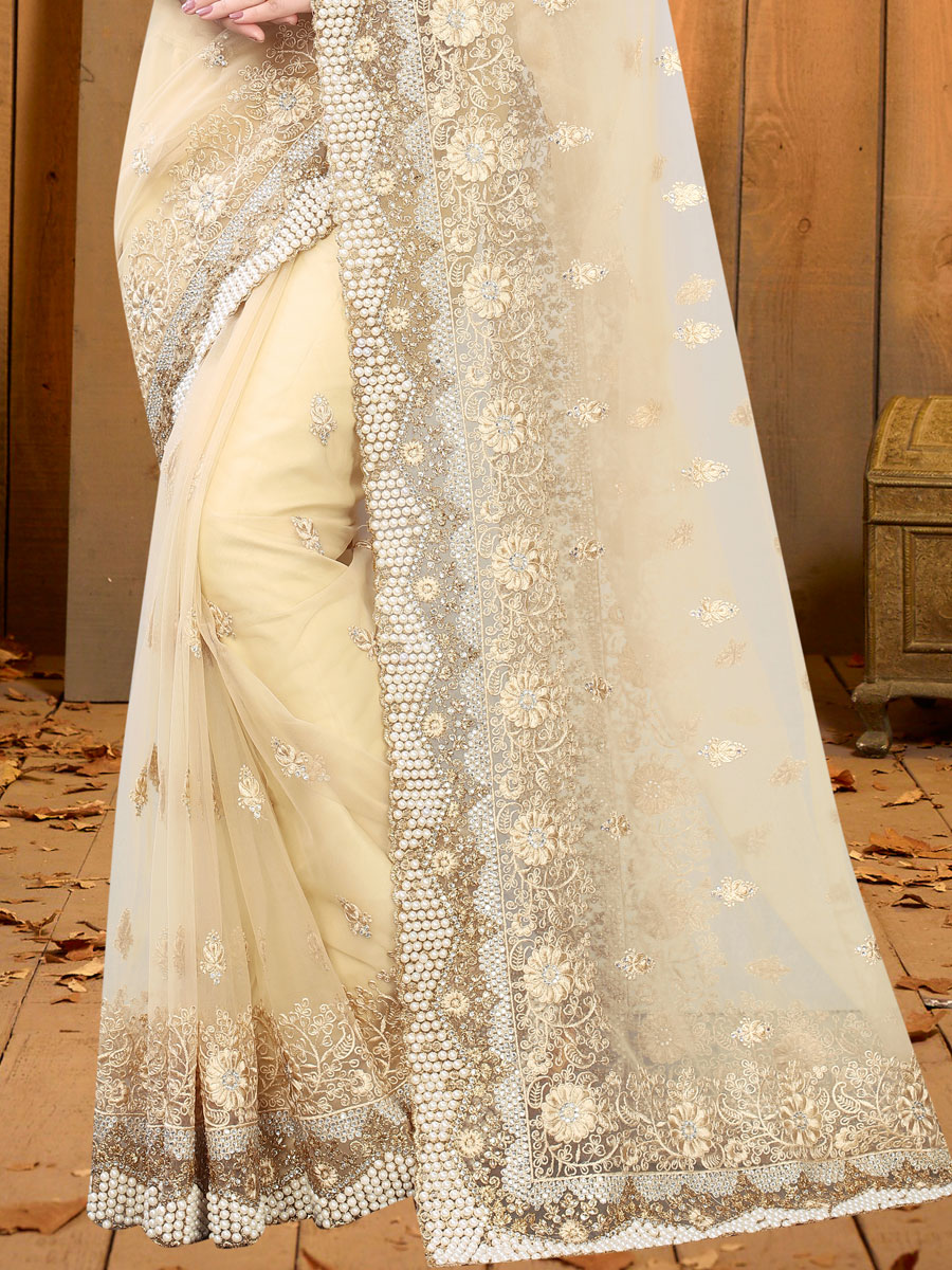 Beige Yellow Net Embroidered Festival Saree
