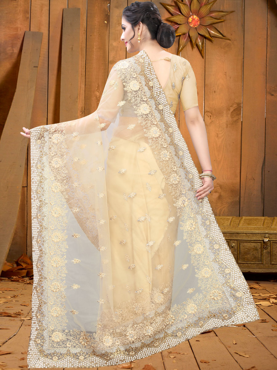 Beige Yellow Net Embroidered Festival Saree