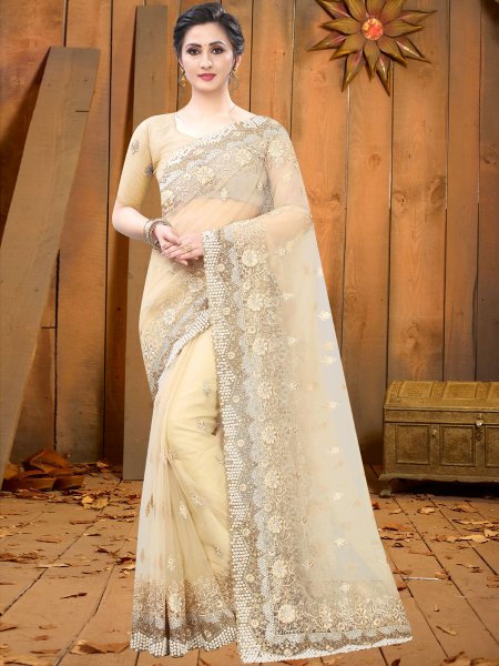 Beige Yellow Net Embroidered Festival Saree