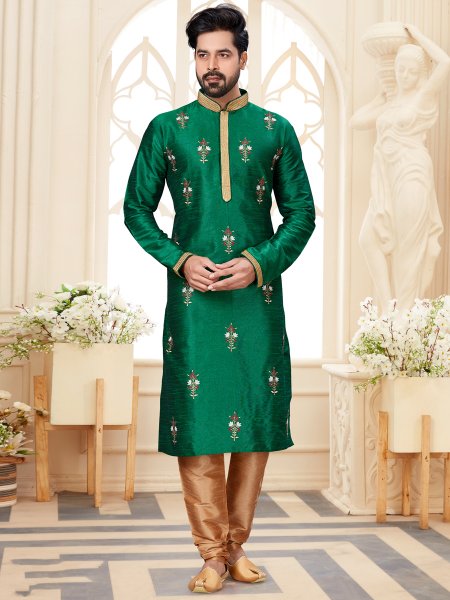 Dark Green Dupion Silk Embroidered Festival Kurta