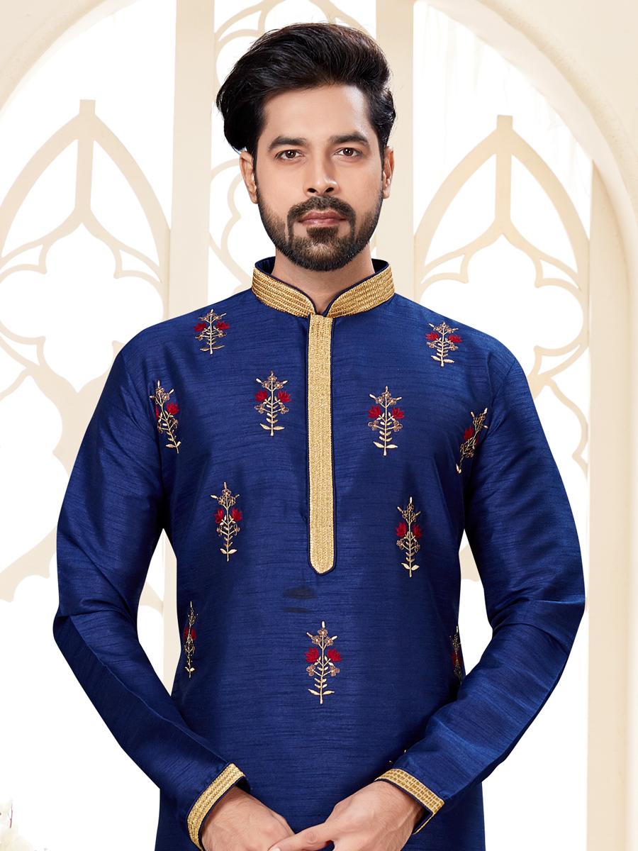 Navy Blue Dupion Silk Embroidered Festival Kurta