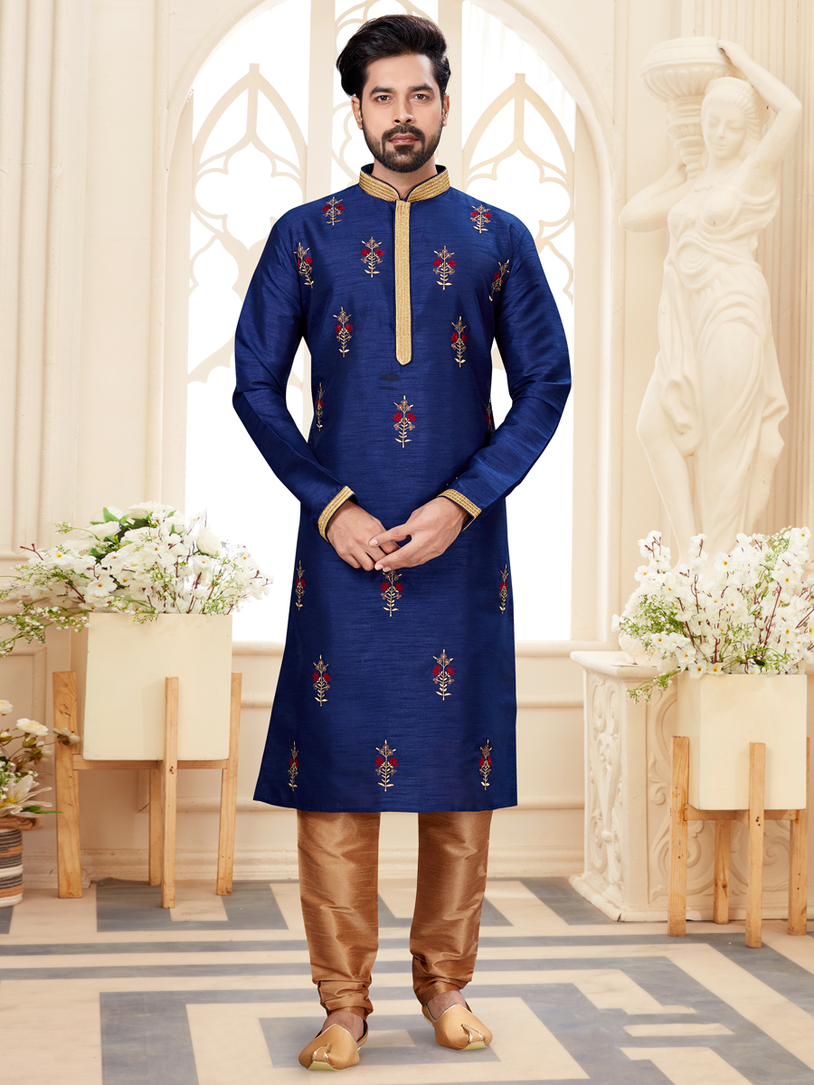 Navy Blue Dupion Silk Embroidered Festival Kurta