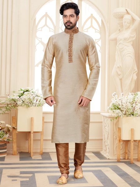 Cream Yellow Dupion Silk Embroidered Festival Kurta
