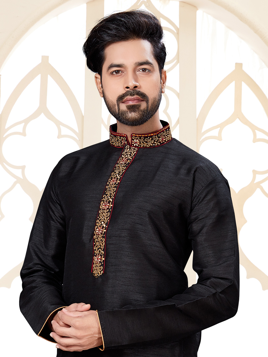 Black Dupion Silk Embroidered Festival Kurta