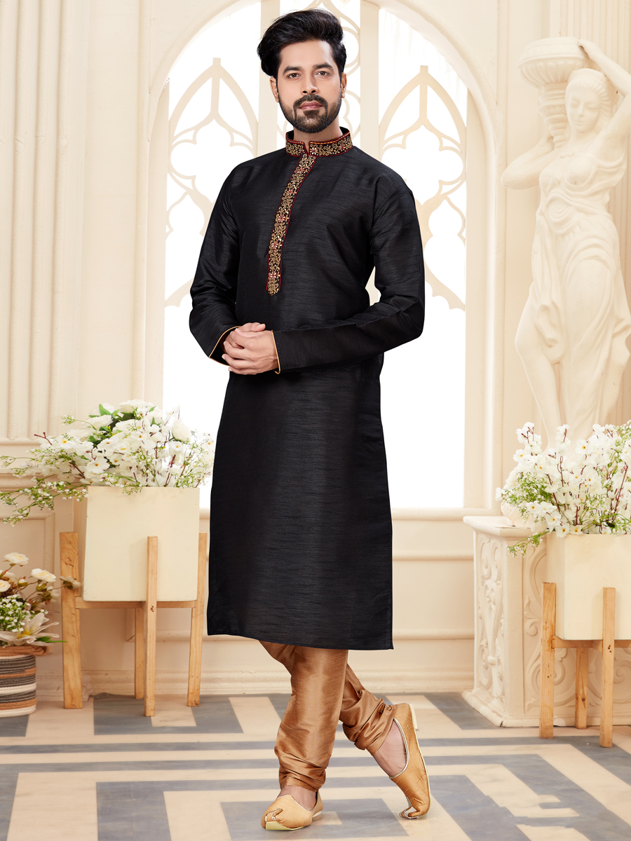 Black Dupion Silk Embroidered Festival Kurta