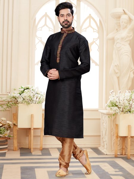 Black Dupion Silk Embroidered Festival Kurta