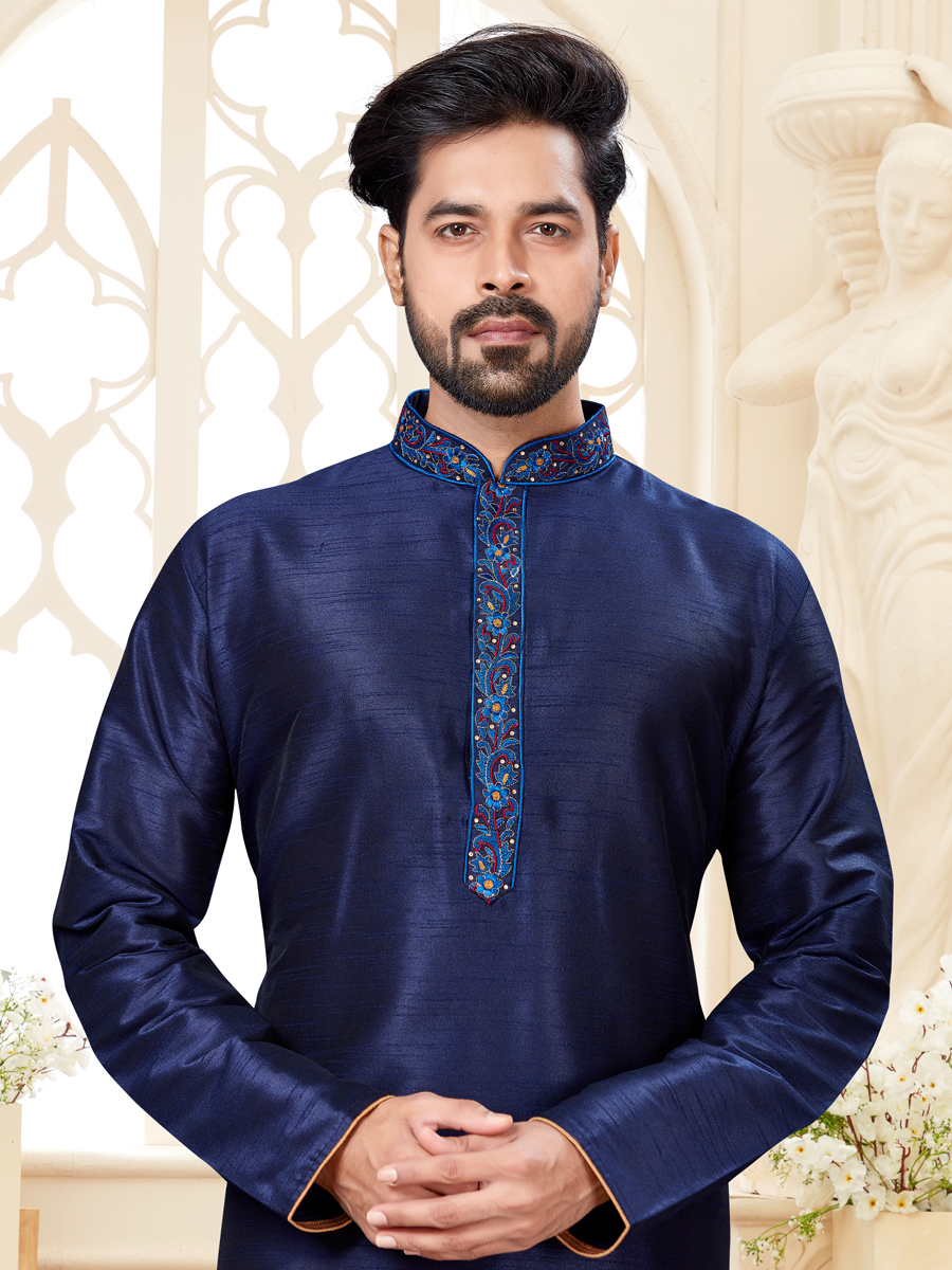 Navy Blue Dupion Silk Embroidered Festival Kurta