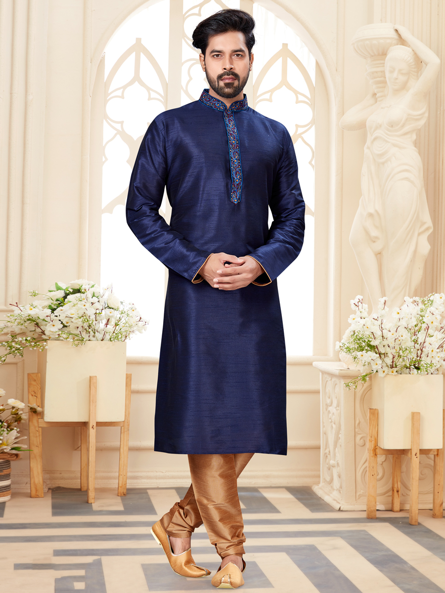 Navy Blue Dupion Silk Embroidered Festival Kurta