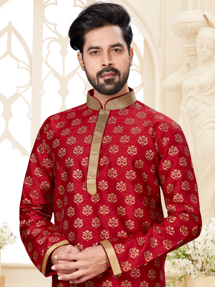 Maroon Dupion Silk Printed Festival Kurta