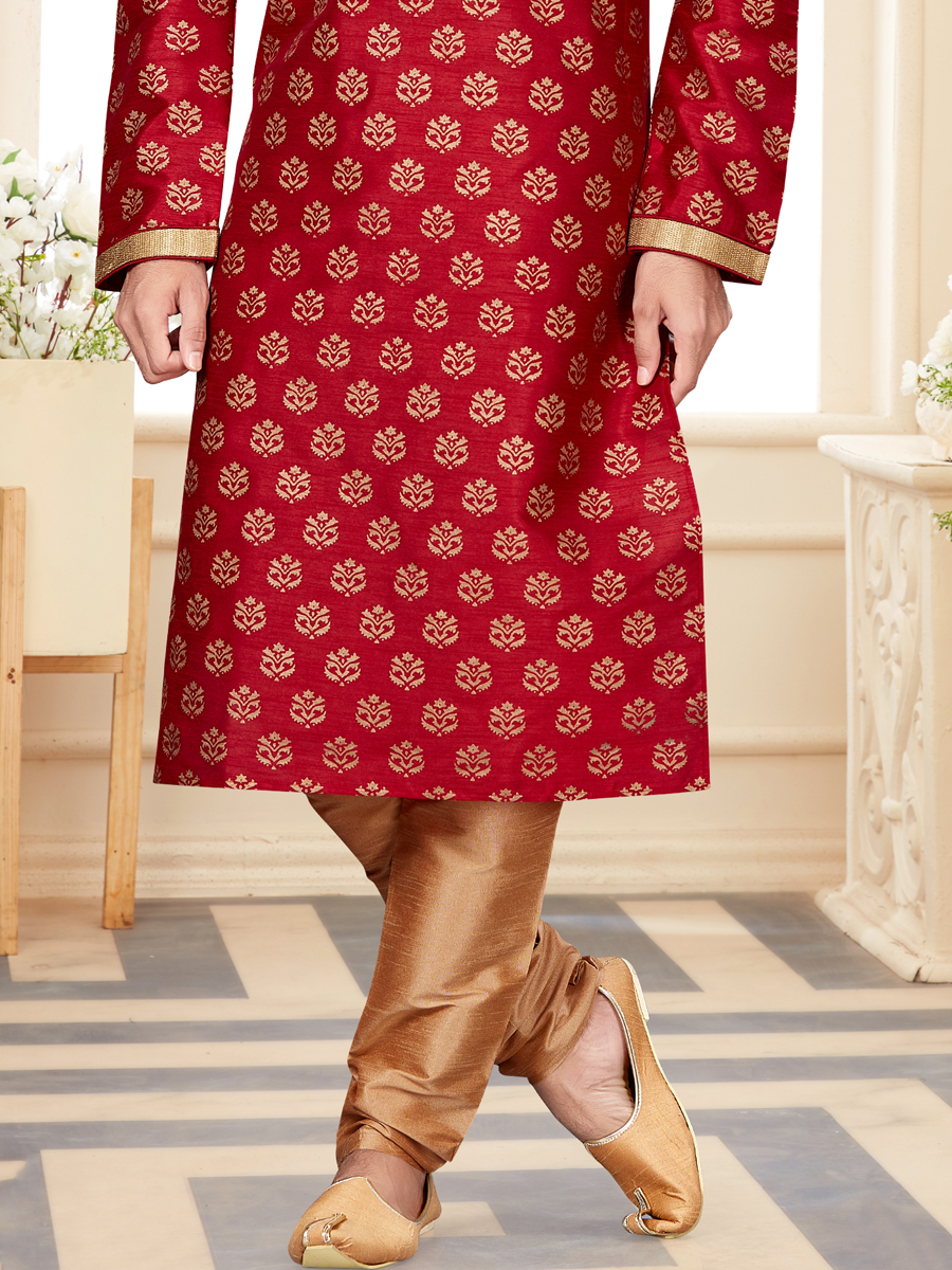 Maroon Dupion Silk Printed Festival Kurta