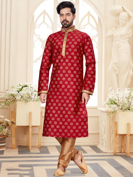 Maroon Dupion Silk Printed Festival Kurta
