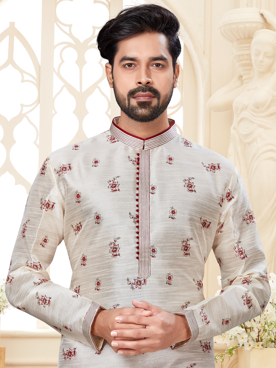 Off-White Dupion Silk Printed Festival Kurta