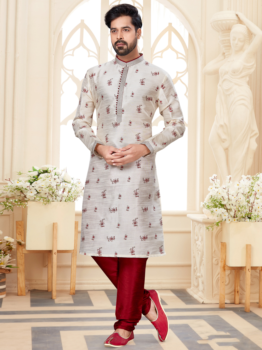 Off-White Dupion Silk Printed Festival Kurta