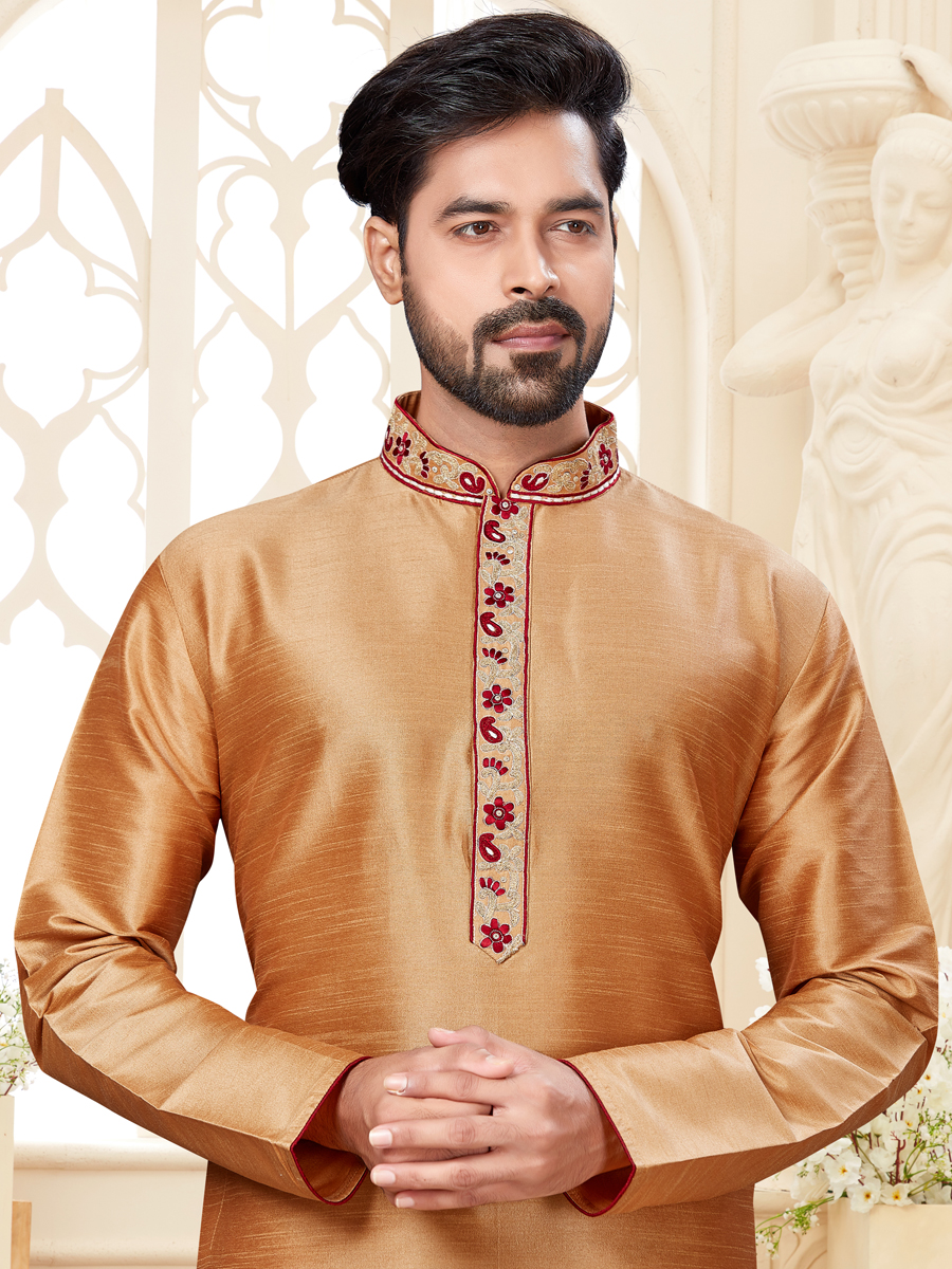 Tan Brown Dupion Silk Embroidered Festival Kurta