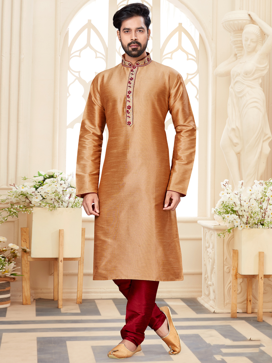 Tan Brown Dupion Silk Embroidered Festival Kurta