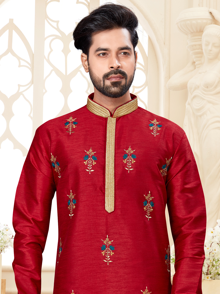 Maroon Dupion Silk Embroidered Festival Kurta