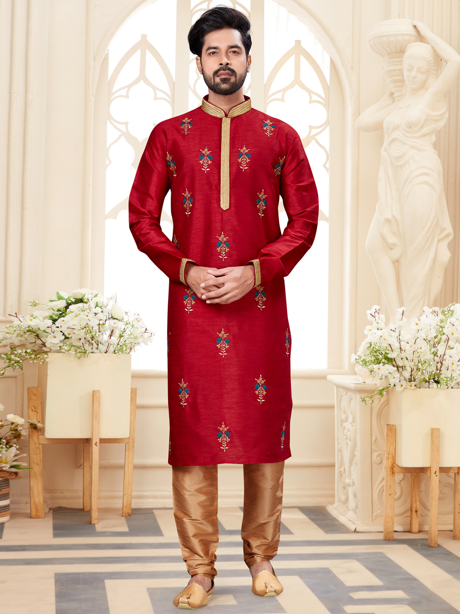 Maroon Dupion Silk Embroidered Festival Kurta