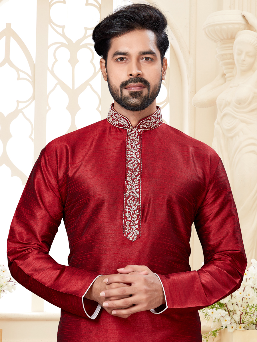 Maroon Dupion Silk Embroidered Festival Kurta