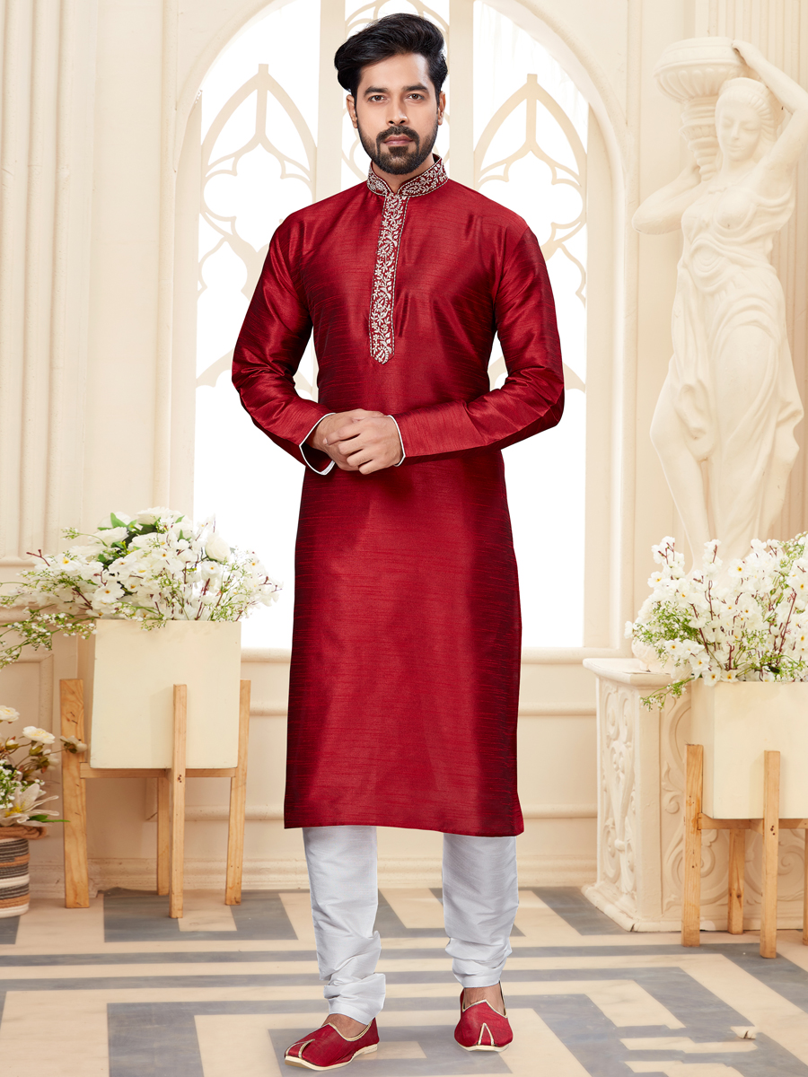Maroon Dupion Silk Embroidered Festival Kurta