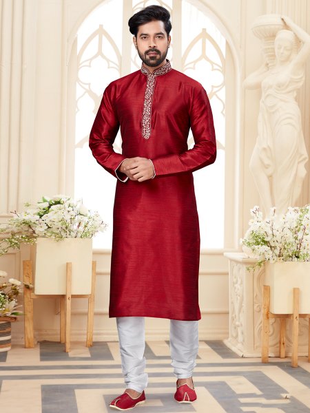 Maroon Dupion Silk Embroidered Festival Kurta