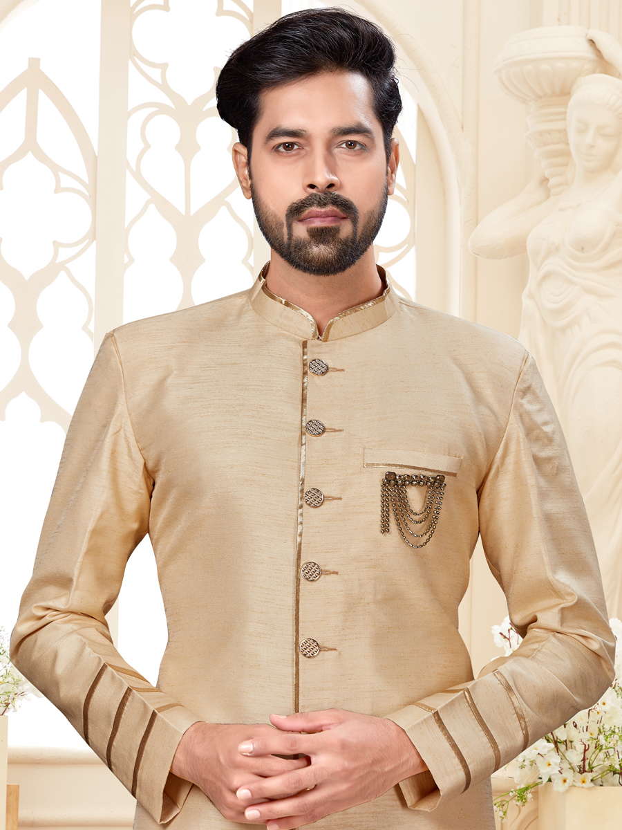 Cream Yellow Silk Plain Festival Sherwani
