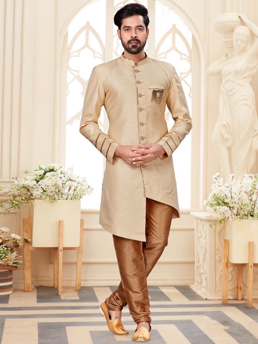 Cream Yellow Silk Plain Festival Sherwani