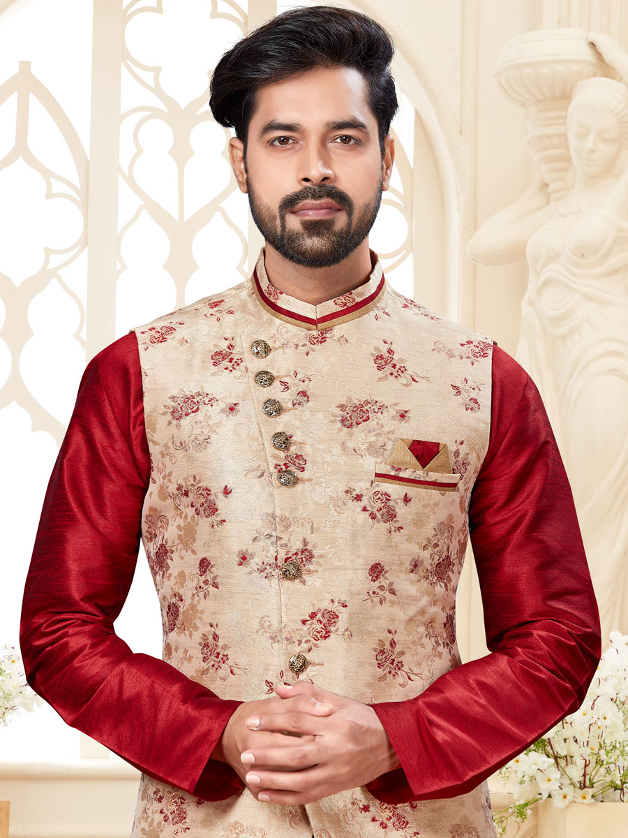 Maroon Dupion Silk Plain Festival Kurta with Waistcoat