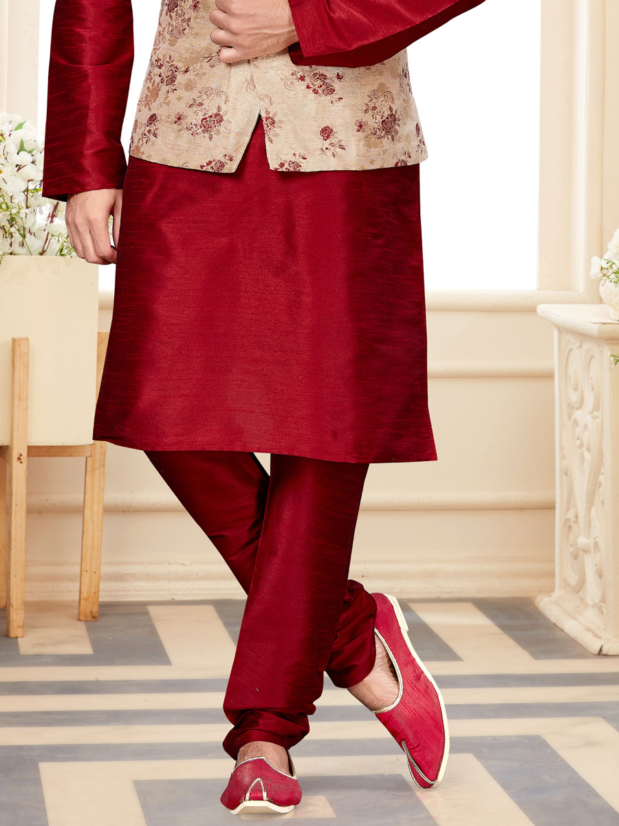Maroon Dupion Silk Plain Festival Kurta with Waistcoat