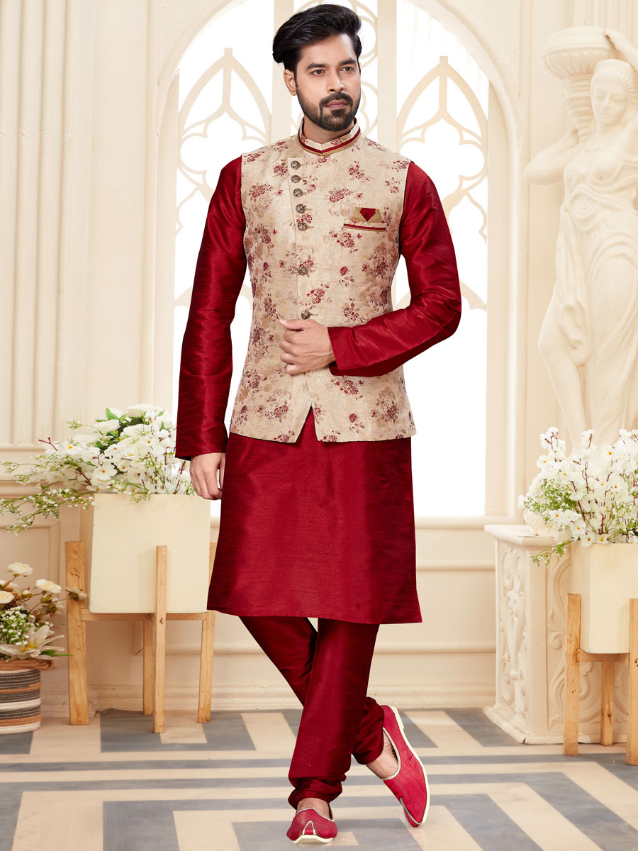 Maroon Dupion Silk Plain Festival Kurta with Waistcoat