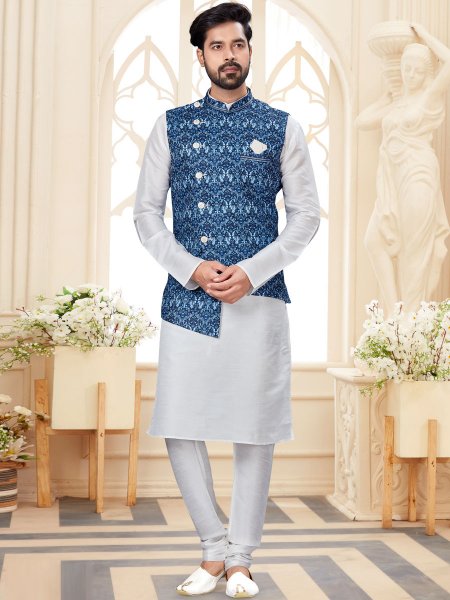 White Dupion Silk Plain Festival Kurta with Waistcoat