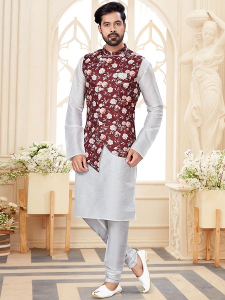 White Dupion Silk Plain Festival Kurta with Waistcoat