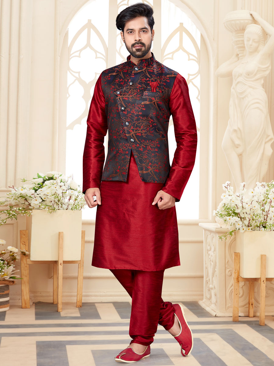 Maroon kurta hotsell with waistcoat