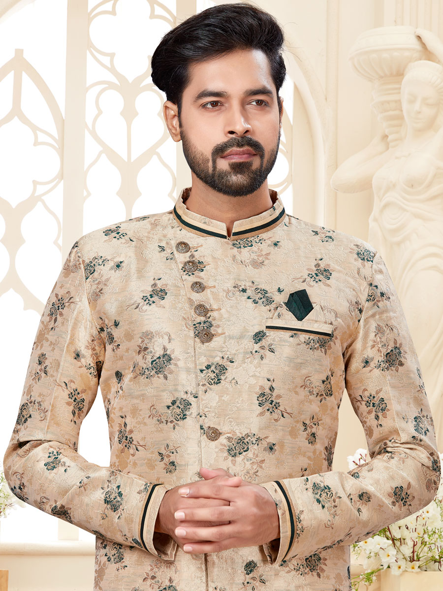 Cream Yellow Jacquard Handwoven Festival Sherwani