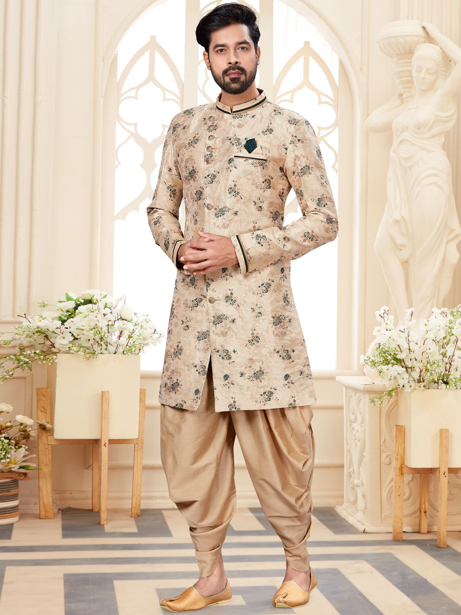 Cream Yellow Jacquard Handwoven Festival Sherwani