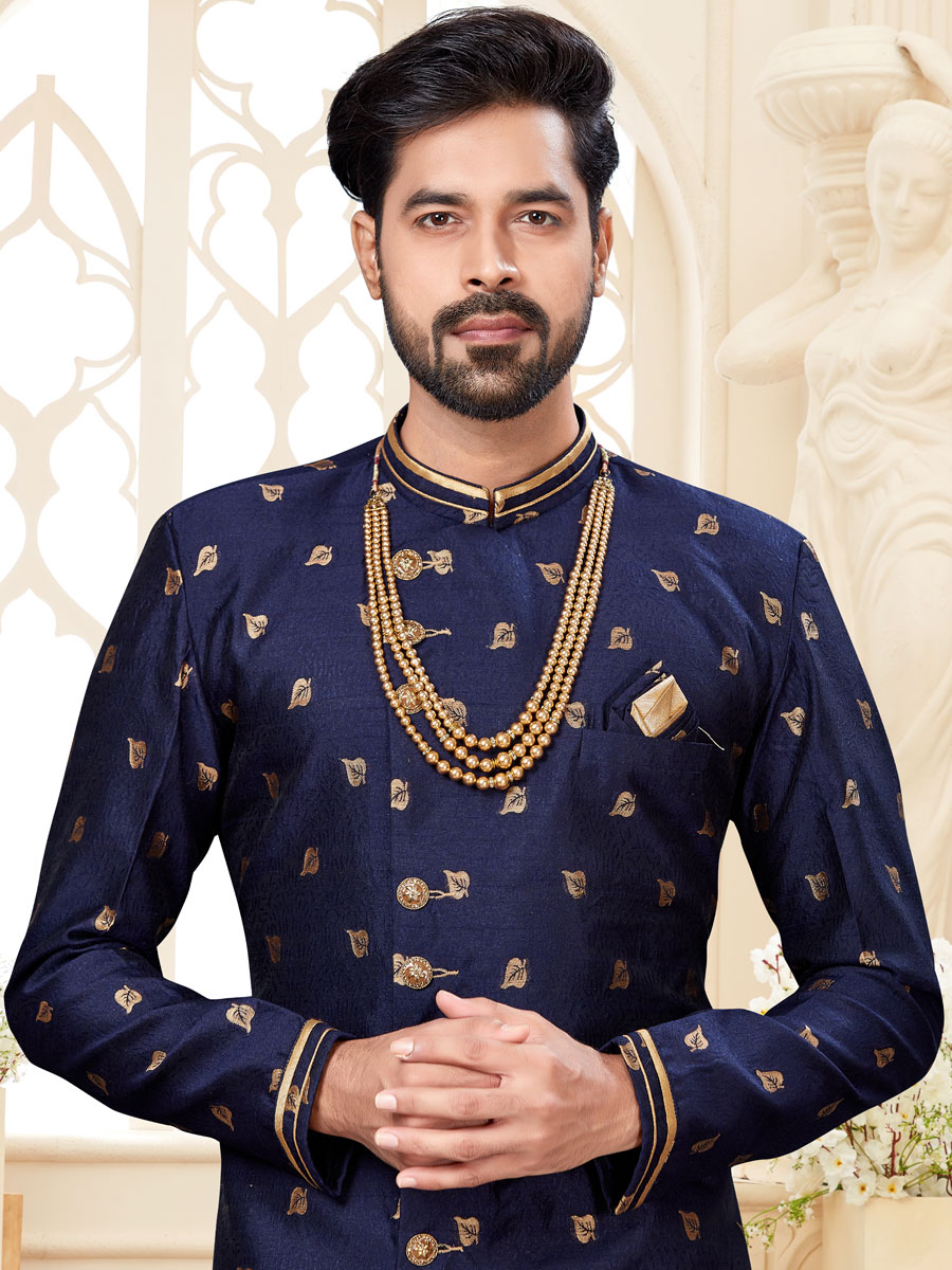 Navy Blue Jacquard Handwoven Festival Sherwani