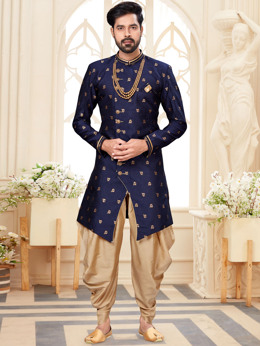 Navy Blue Jacquard Handwoven Festival Sherwani