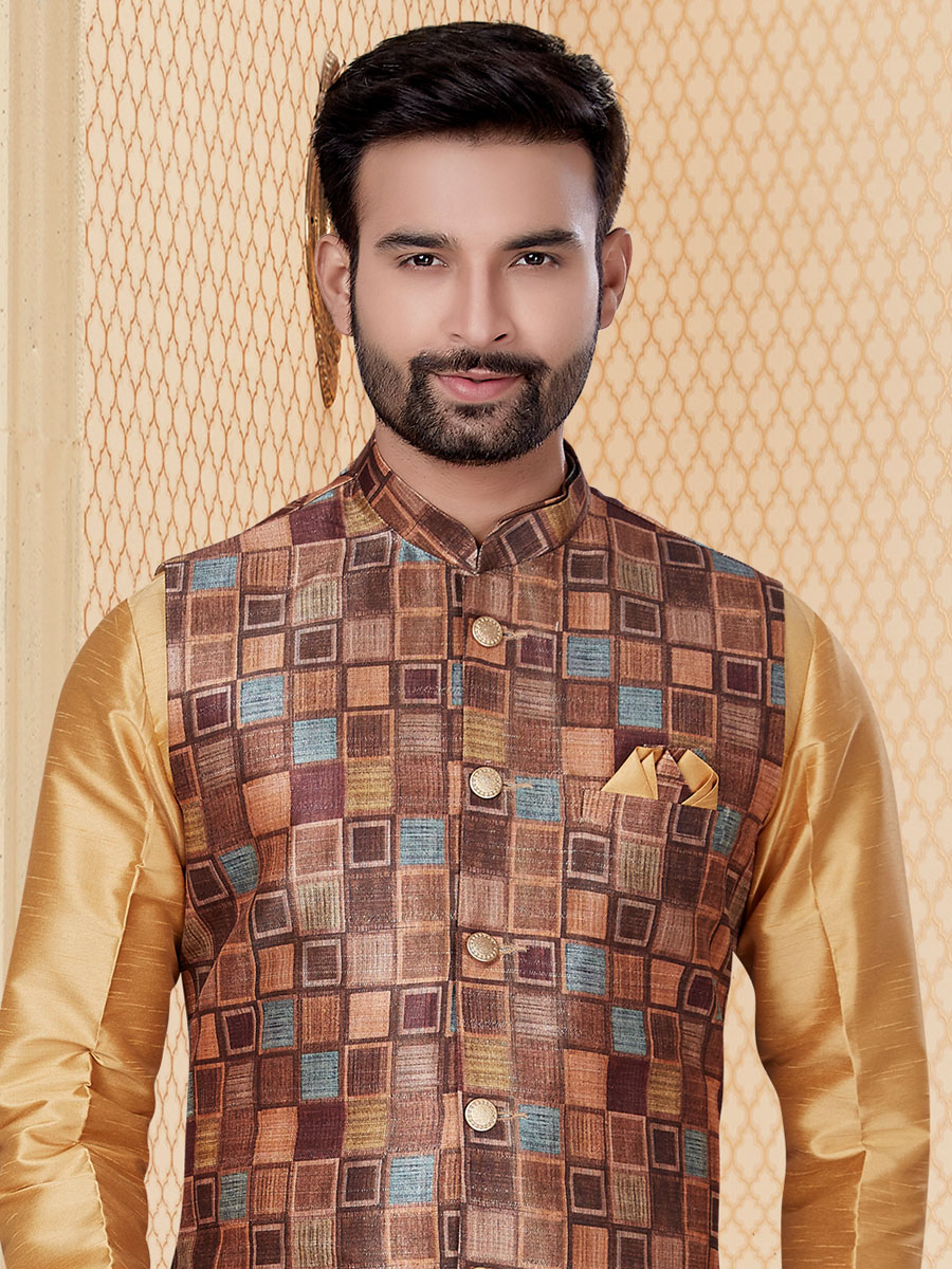 Tan Brown Dupion Silk Printed Festival Kurta with Waistcoat