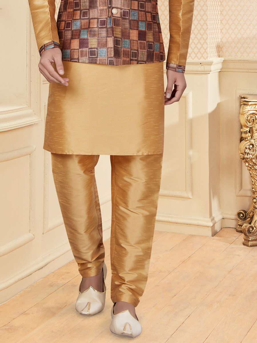 Tan Brown Dupion Silk Printed Festival Kurta with Waistcoat
