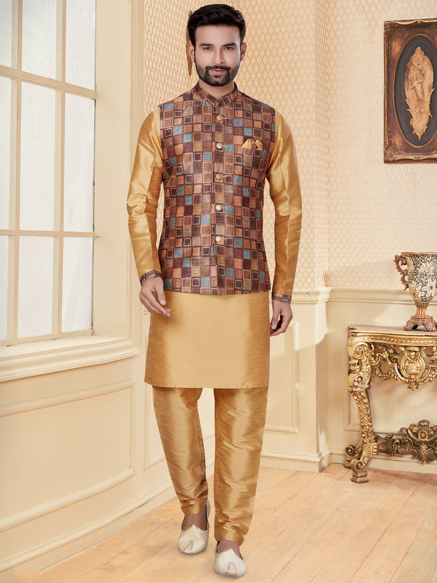 Tan Brown Dupion Silk Printed Festival Kurta with Waistcoat