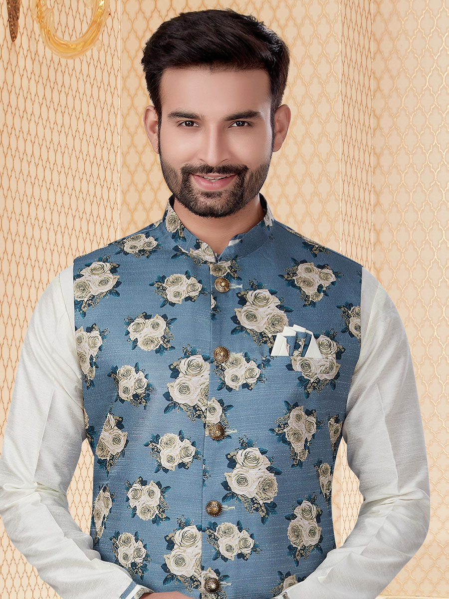 White Dupion Silk Printed Festival Kurta with Waistcoat