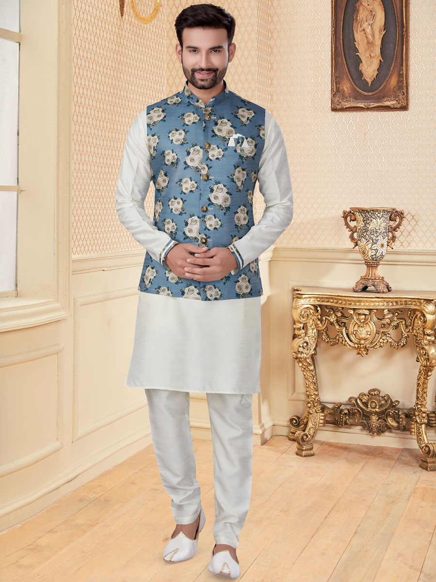 White Dupion Silk Printed Festival Kurta with Waistcoat