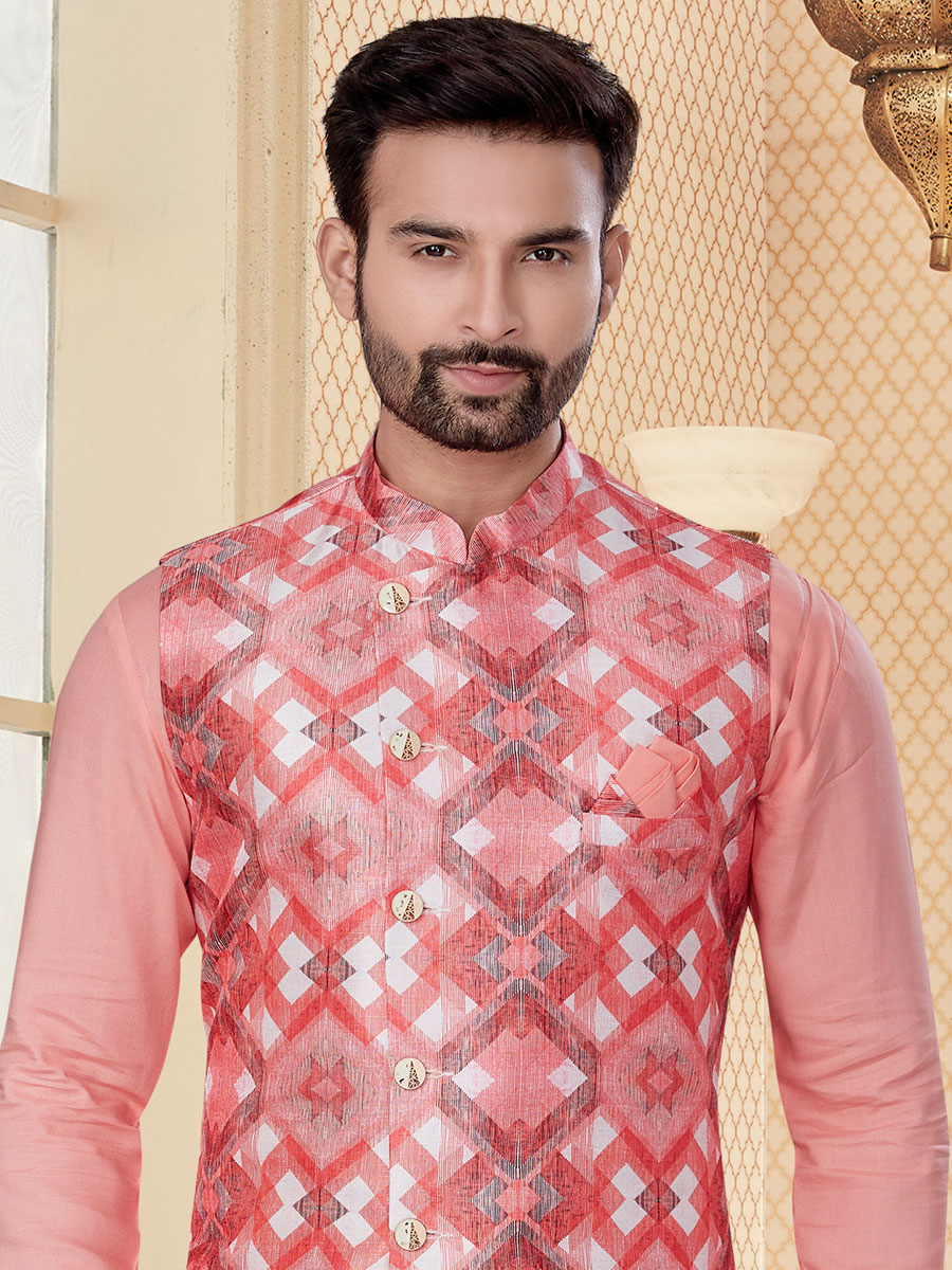 Salmon Pink Printed Festival Kurta with Waistcoat