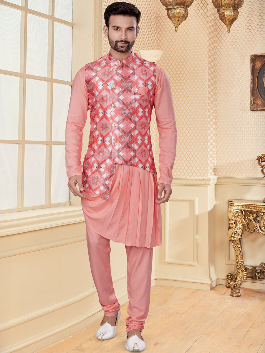 Salmon Pink Printed Festival Kurta with Waistcoat