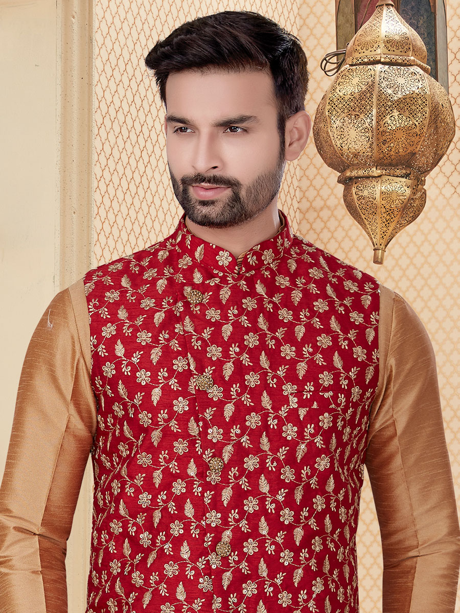 Tan Brown Dupion Silk Embroidered Festival Kurta with Waistcoat