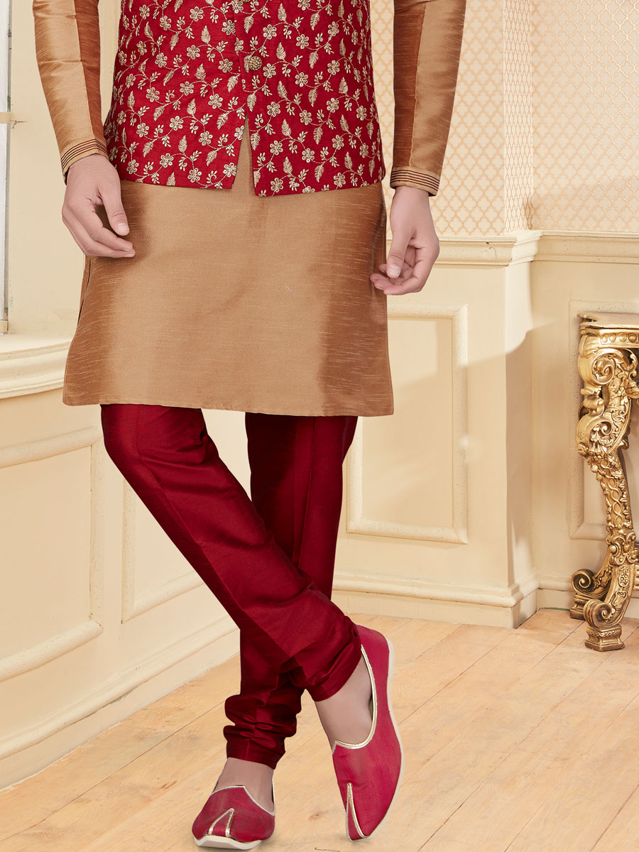 Tan Brown Dupion Silk Embroidered Festival Kurta with Waistcoat